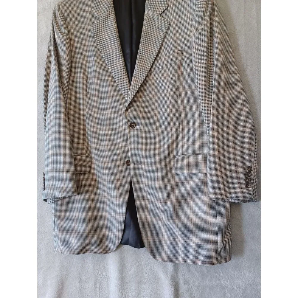 Jack Victor Loretowood Blazer Micro Houndstooth Plaid Cashmere Silk 42L Beige